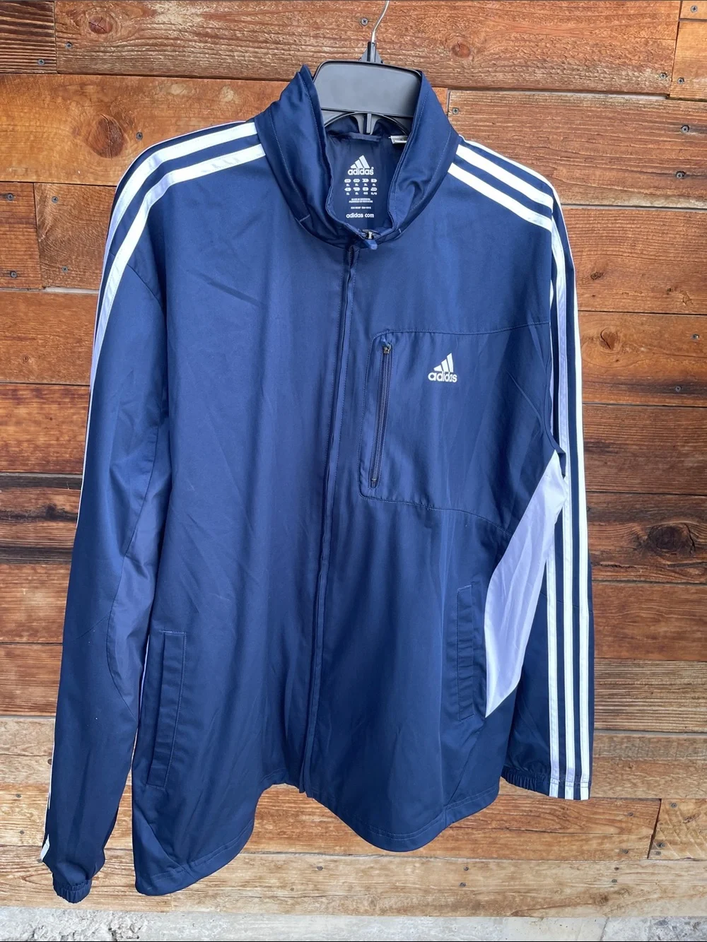 Adidas Men’s XL Navy Blue White 3-Stripe Full Zip Track Jacket Windbreaker